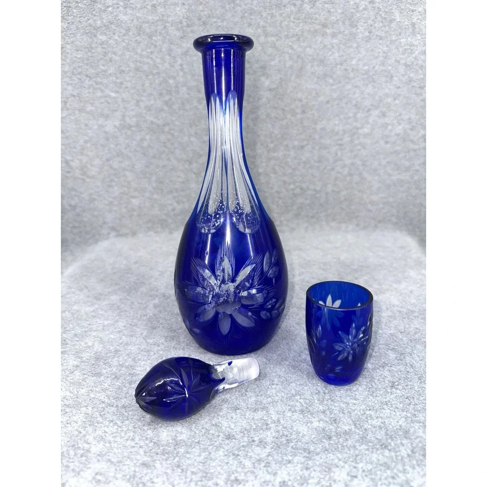 Vintage Bohemian Cobalt Blue Cut Glass Decanter w Stopper & Matching Cordial Gla